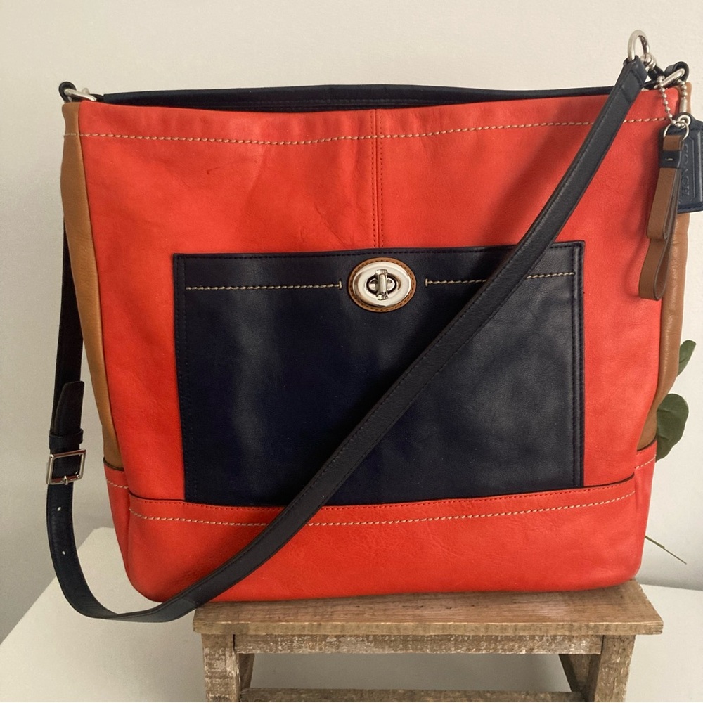 Gorgeous COACH Park Colorblock 100% Leather HOBO Tote Bag Orange/Navy